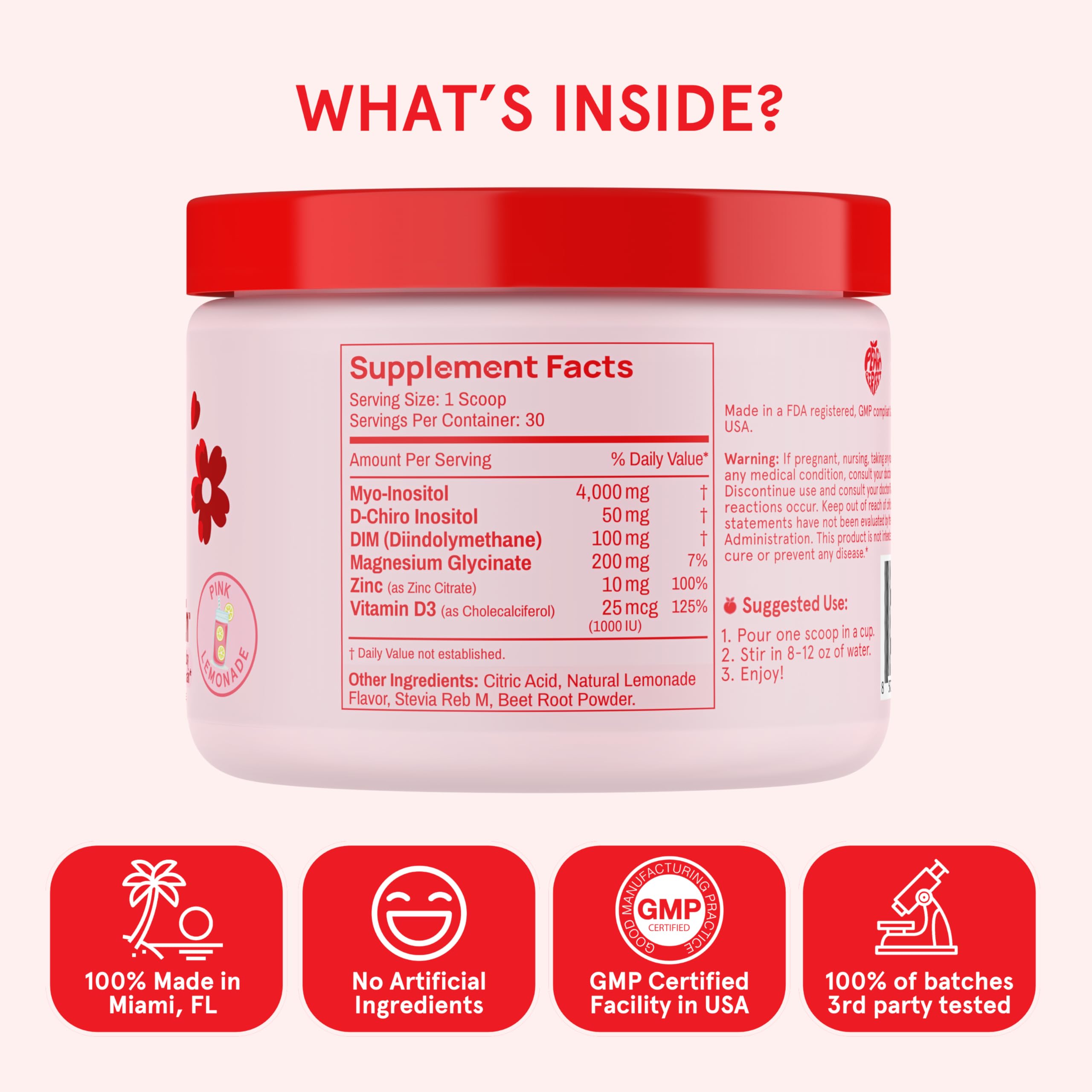 Peach Perfect Inositol Powder Multivitamin, Pink Lemonade Flavor – 4g Myo & D-Chiro Inositol, DIM, Zinc, Magnesium Glycinate, Vitamin D3 – Supports Women’s Health, Cycle, Energy, 30 SVG