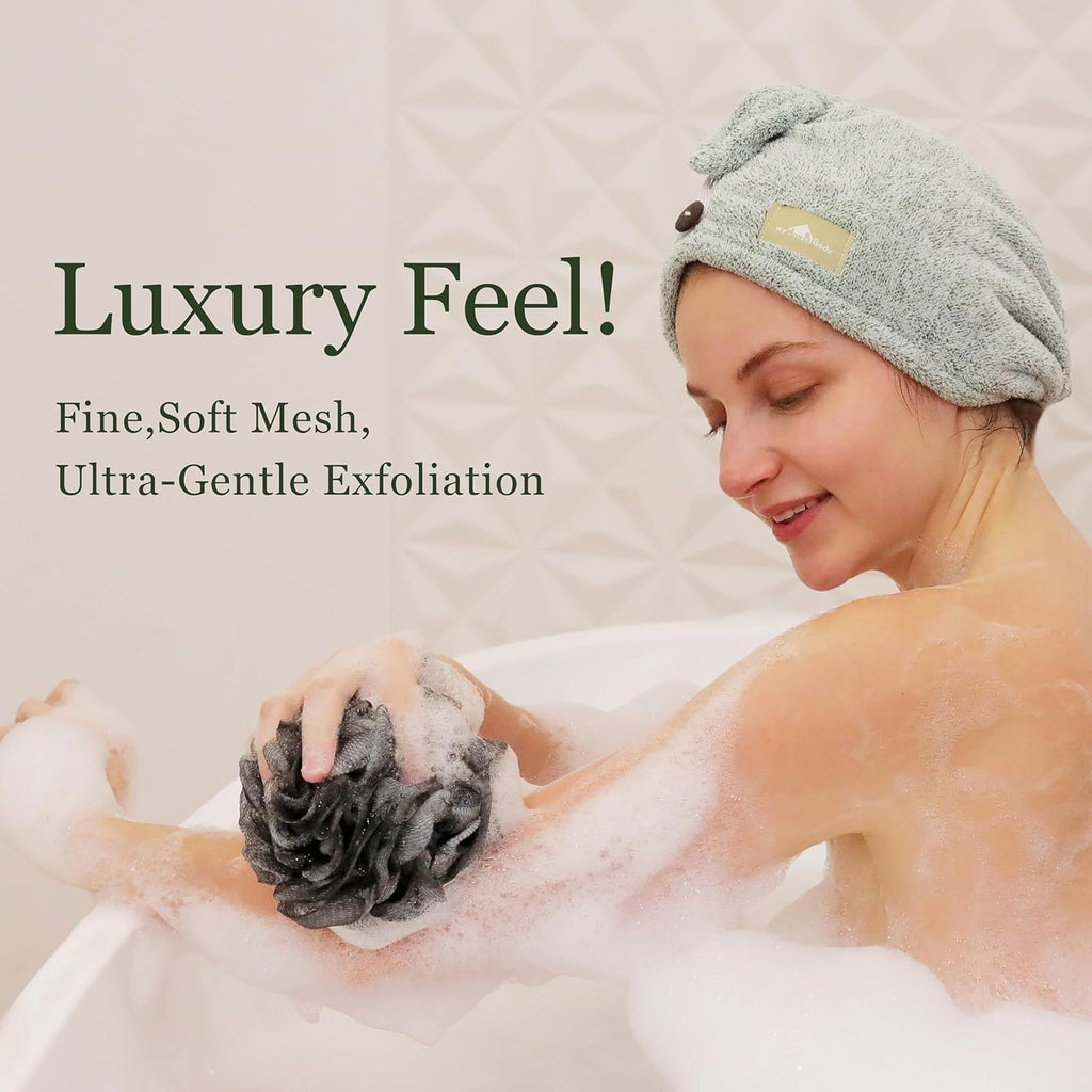 Buy now myHomeBody Large 70g Loofah Sponge, Bath Body Scrubber for Women, Men, Exfoliating Shower Pouf with Activated Charcoal - 2 Graphite Gray + 1 Sage Green, 3 Pack at indiglob india