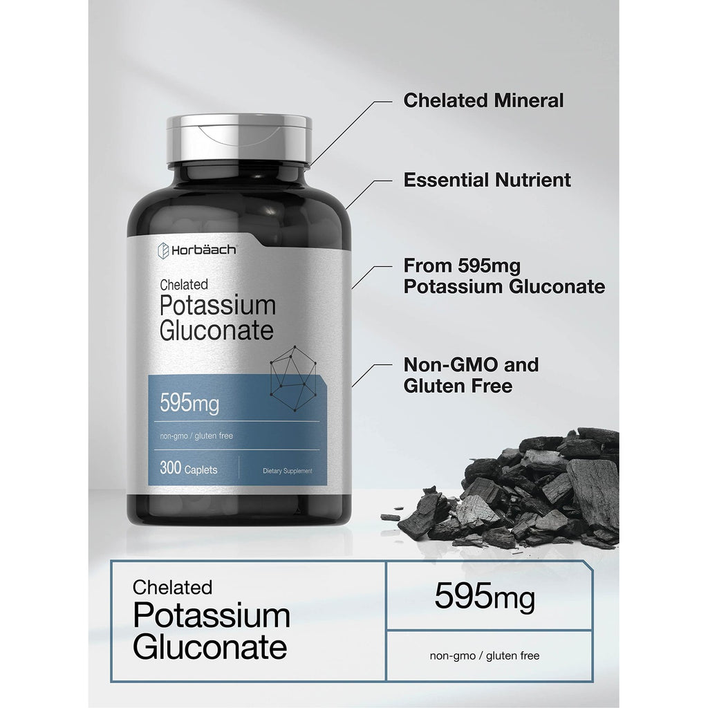 Horbäach Chelated Potassium Gluconate Supplement | 595 mg | 300 Caplets