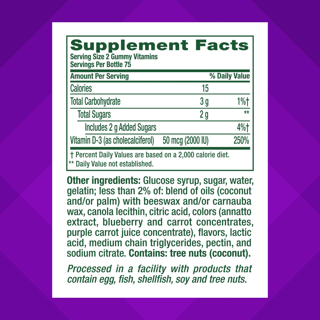 Vitafusion Vitamin D3 Gummies | 50 mcg | 150 Gummy Vitamins | for Adult Women and Men | Berry & Peach Flavor | Gluten-Free Bone and Immune Supplement