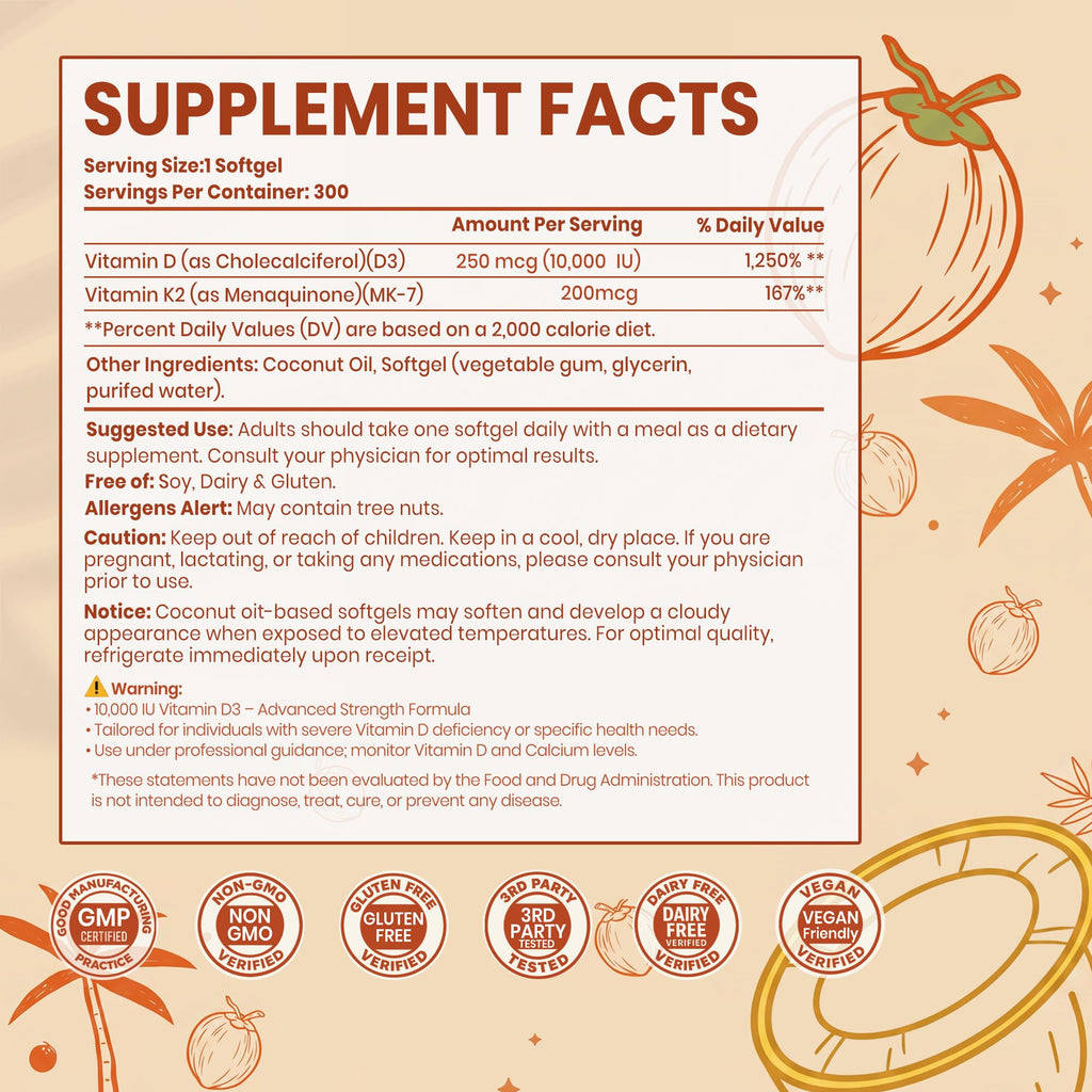 VEV Vitamin D3 K2 10,000 IU, 200 mcg K2, 300 Coconut Oil Softgels
