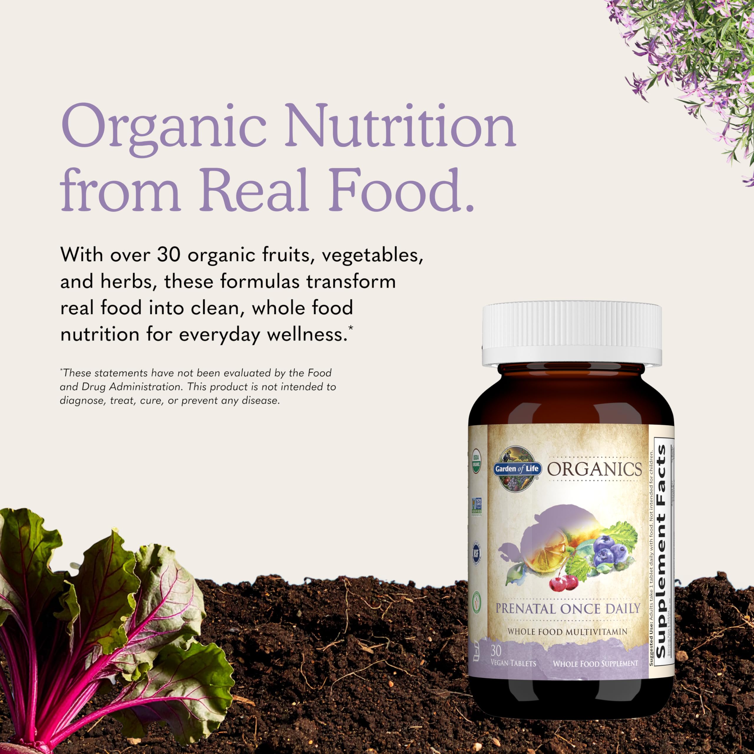 Garden of Life Organics Prenatal Once Daily with Folate, Vitamin C, B6, B12 & D3 – Prenatal Vitamins for Women with Energy Metabolism Support for Healthy Fetal Development, Non-GMO, Vegan, 30 Tablets