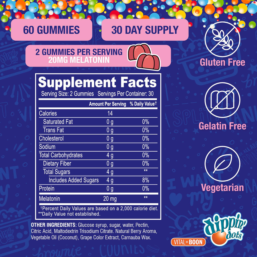 Dippin' Dots Extra Strength Melatonin Gummies 20mg, Sleep Aid (60 Ct) | 20mg melatonin gummies, a natural sleep aid for adults needing extra nighttime support; vegan, stronger nightly dose.