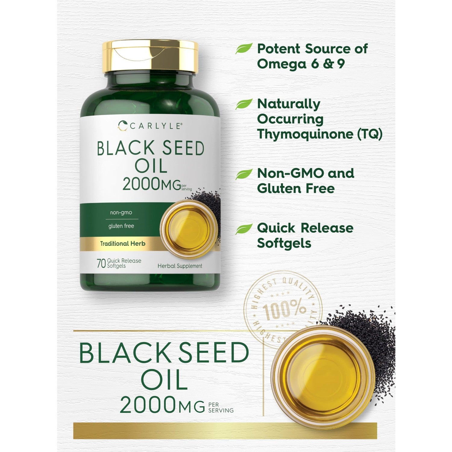 Carlyle Black Seed Oil Softgel Capsules | 2000mg | 70 Pills | For Women & Men | Non-GMO, Gluten Free Herbal Supplement