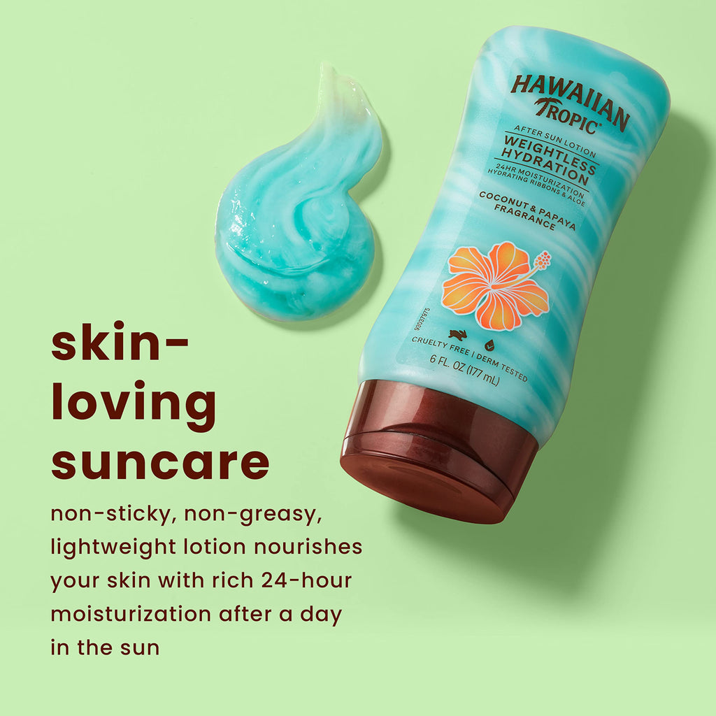 Hawaiian Tropic Weightless Hydration After Sun Lotion, 6 Fl Oz | 24 hour moisturizing after sun care, Hydrating lotion with aloe and shea butter, Coconut papaya scent, Lightweight texture