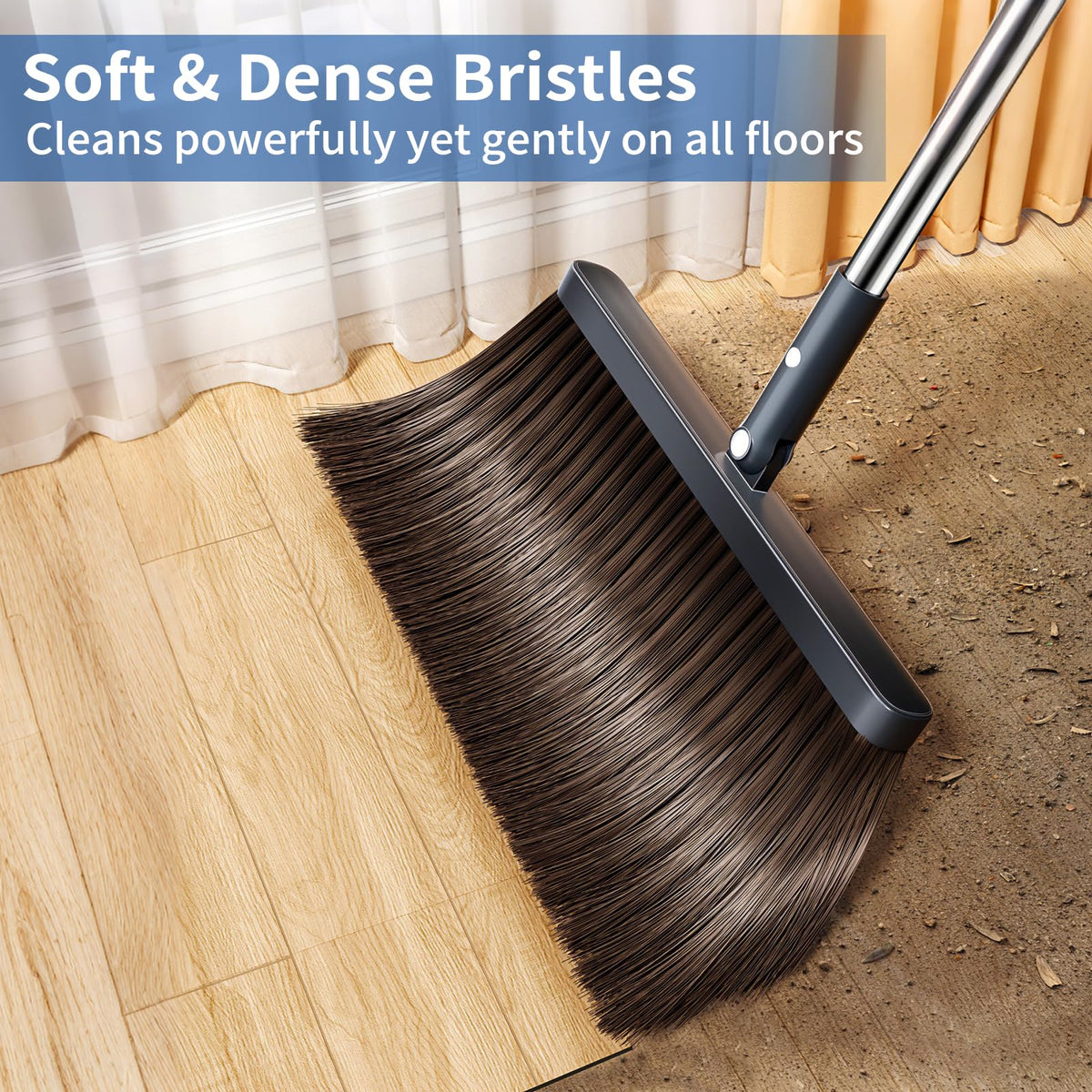 Broom with Dustpan Combo Set, Broom and Dustpan Set with 51.6" Long Handle & Two Broom Heads, Brooms with Dust Pan Teeth for Pet Hair, Indoor&Outdoor Sweeping, Home, Kitchen, Office