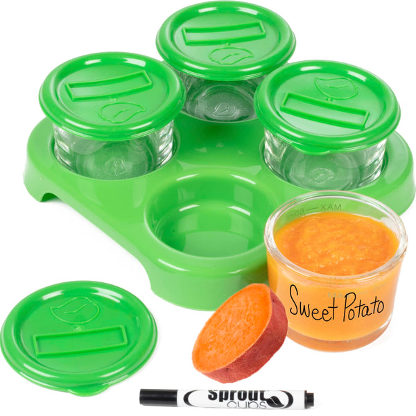 Glass Baby Food Storage Containers (4 Pk) - 2oz Jars in Stackable Storage Tray w Tight Interlocking Base- Dry-Erase Marker Labeling- Microwave Freezer Dishwasher Safe- Babyfood Breast Milk, Gift