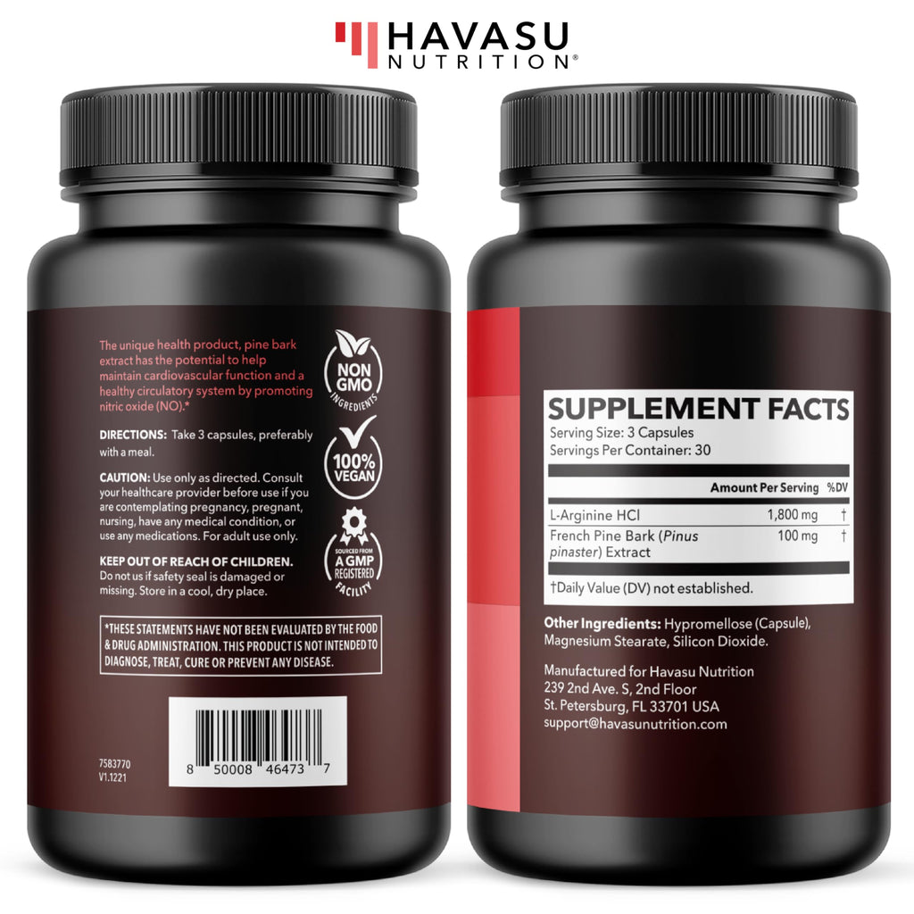 L-Arginine 1800mg with Pine Bark Extract 100mg Per Serving, 30 Servings | Nitric Oxide Supplement with Pine Bark and L-Arginine for Men, Performance Supplement for Men's Health, Vegan, 90 Count