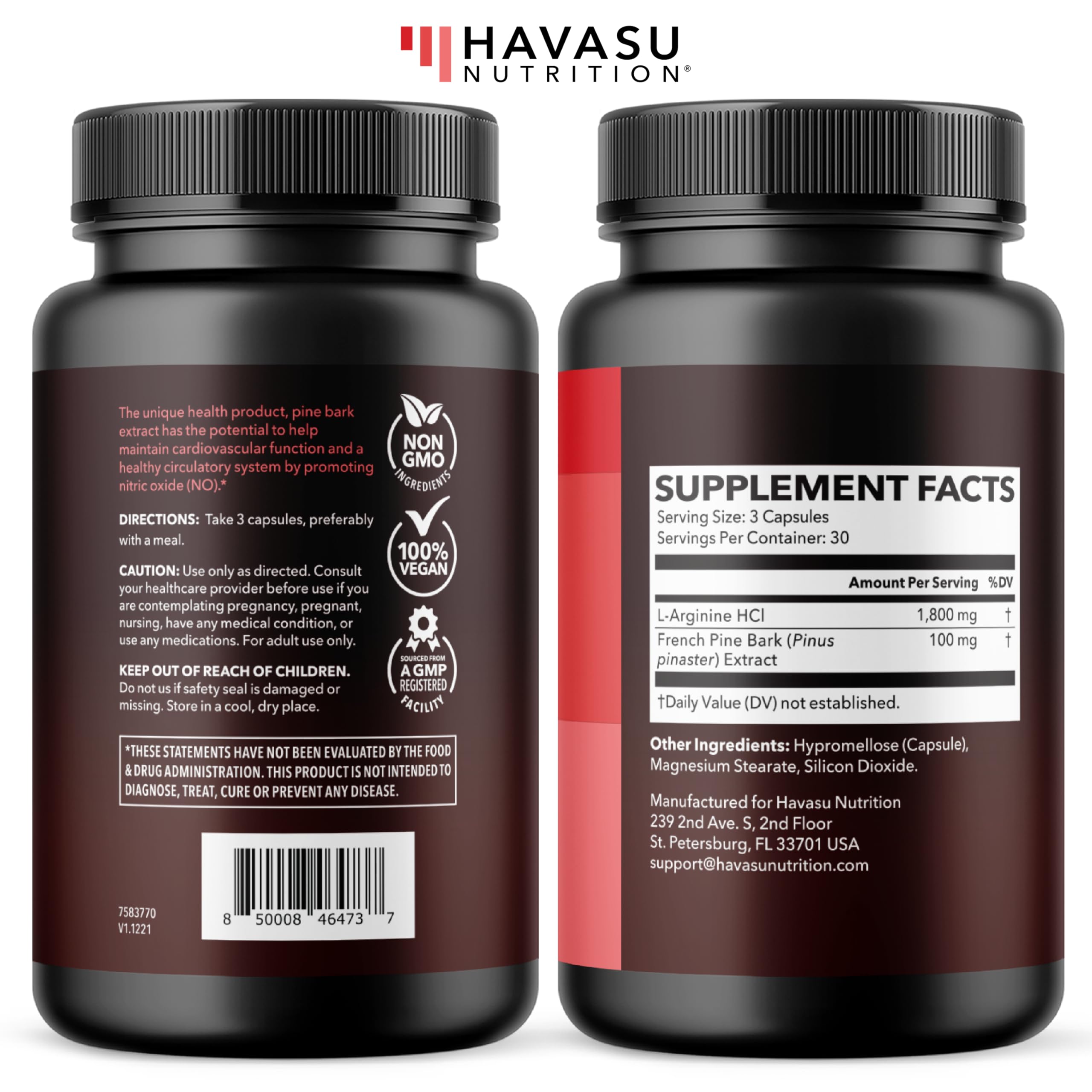 L-Arginine 1800mg with Pine Bark Extract 100mg Per Serving, 30 Servings | Nitric Oxide Supplement with Pine Bark and L-Arginine for Men, Performance Supplement for Men's Health, Vegan, 90 Count