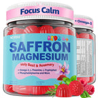 Saffron + Magnesium Glycinate+ Omega-3 - Calm Focus Gummies for Kids 4+, Saffron Extract Supplement w/L-Theanine, Holy Basil, Rosemary, B6, B9,B12, D3 for Happy Mood, Cognition, Nerve, Sugar Free