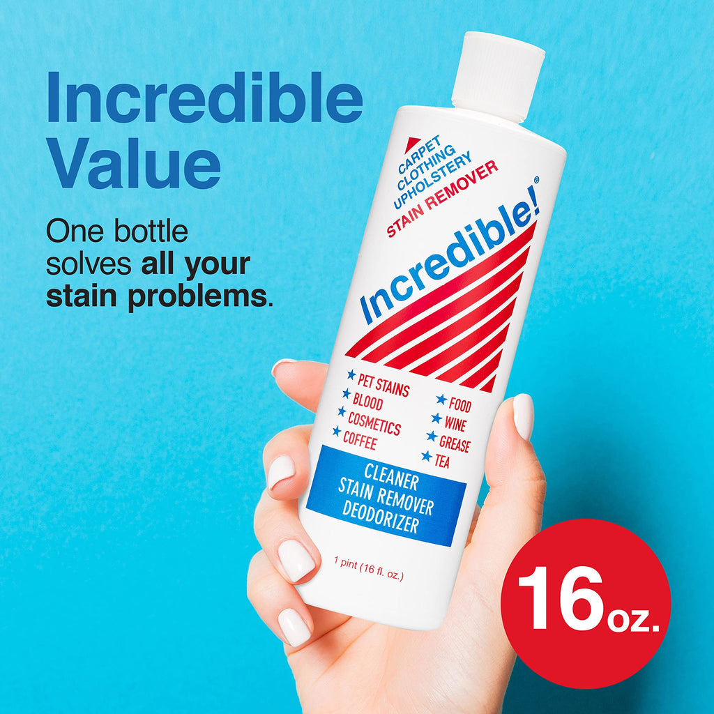 Incredible! Stain Remover - Stain Remover for Clothes, Laundry, Carpets, Mattress & Upholstery, Removes Most Household Stains - Pet Stains, Urine, Odors, Red Wine, Cosmetics & Coffee! 16.oz