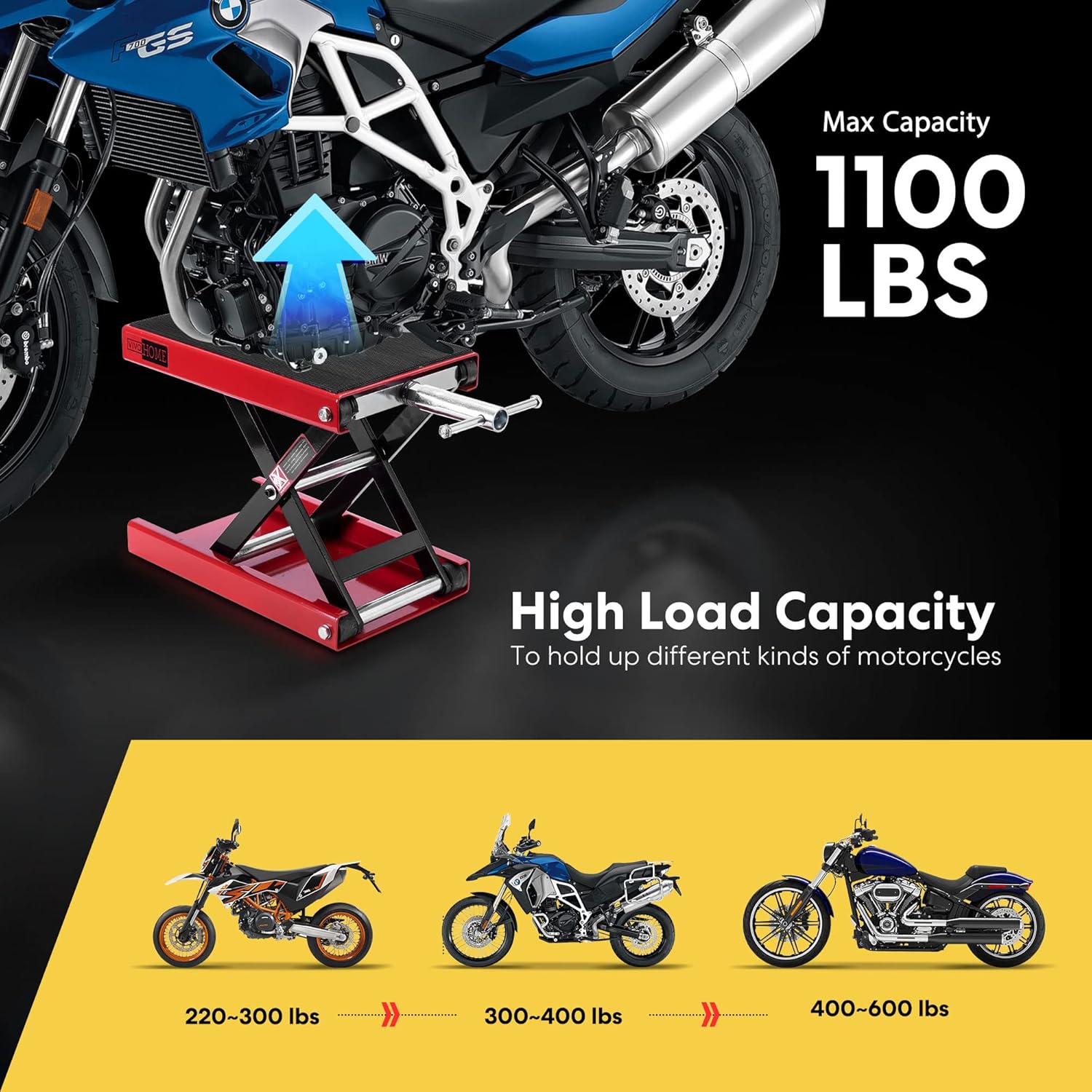 Buy now VIVOHOME Motorcycle Lift Scissor Jack Steel Wide Deck Hoist Crank Center Stand 1100 LBS Capacity for Motorcycles, ATVs, Dirt Bikes Red at indiglob india