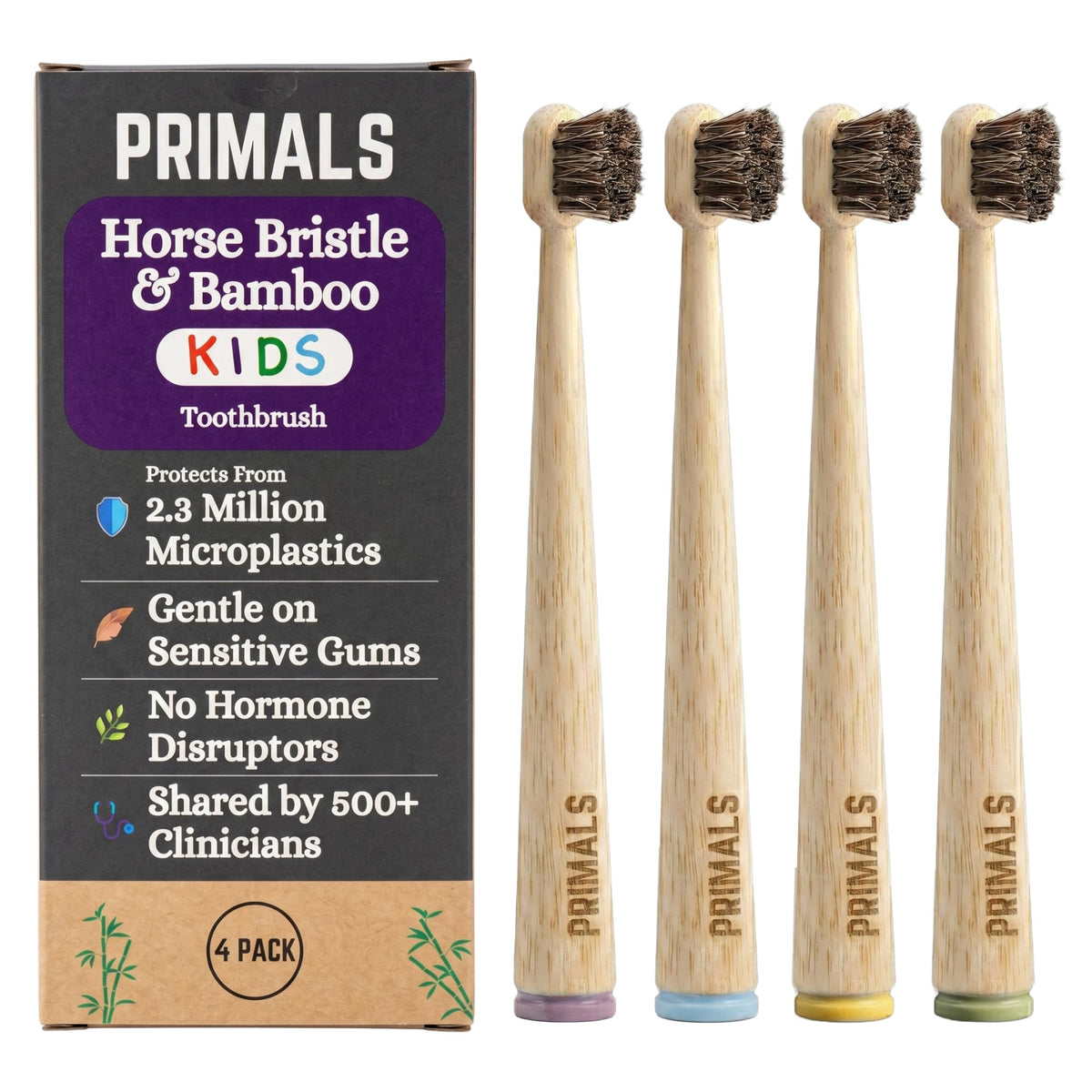 PRIMALS Kids Horse Bristle & Bamboo Toothbrush (4-Pack) - Soft & Healthy Horse Bristles - Zero Microplastics - Fully Biodegradable - Quick Dry Design