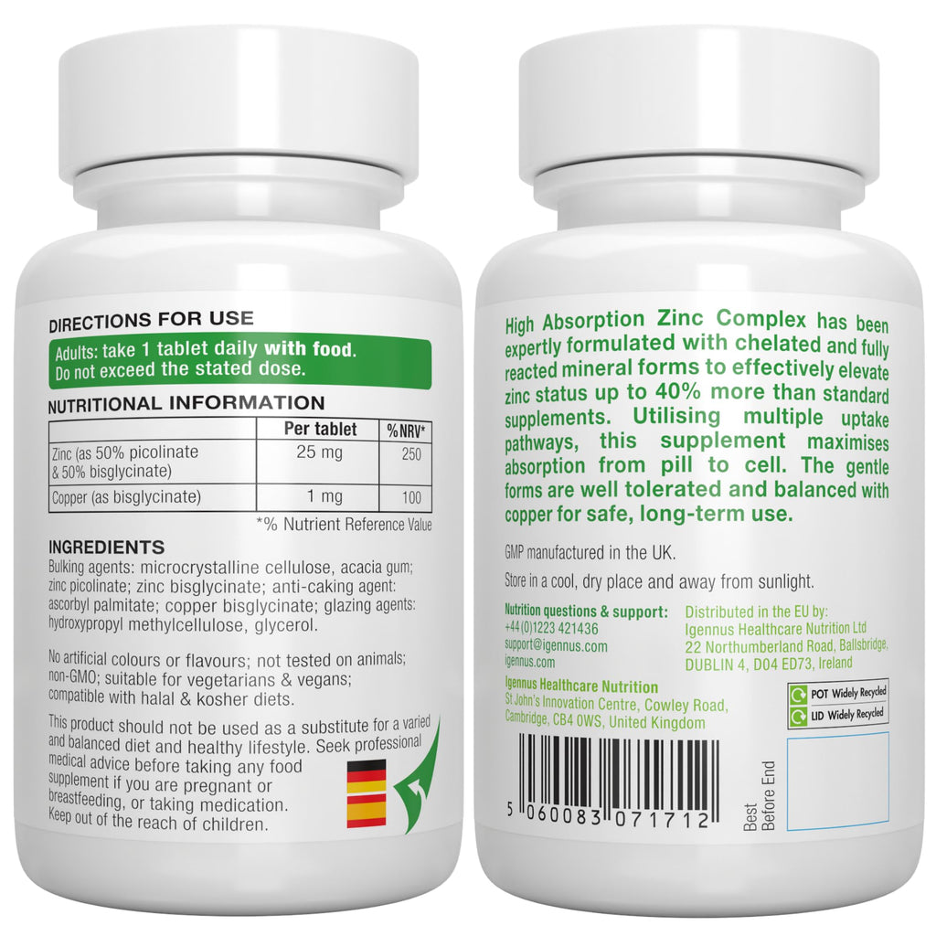Igennus Chelated Zinc Complex 25mg with Copper, Picolinate & Bisglycinate