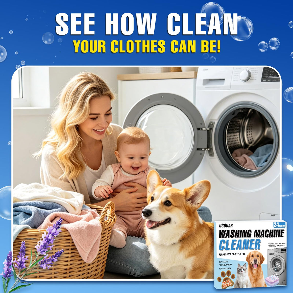 Washing Machine Cleaner Tablets 24-Pack, 3-Layer Formula Deep Cleaning, Pet Hair & Odor Removal, Residue & Build-Up Cleaner for HE, Front Load & Top Load Washers