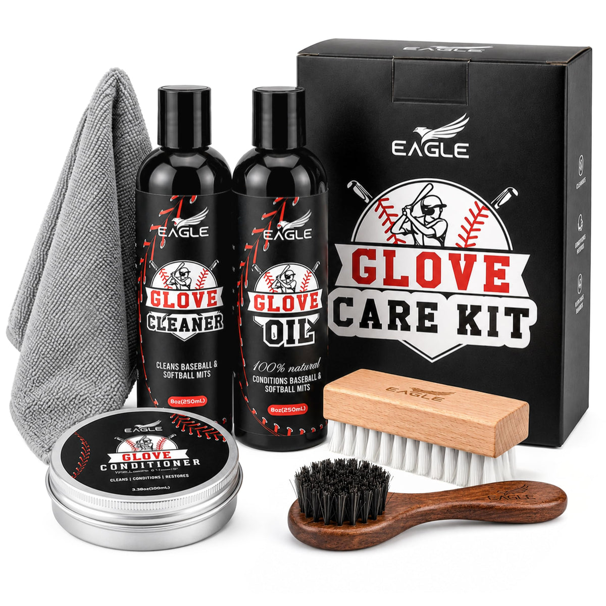 Eagle Baseball Glove Care Kit – Glove Cleaner (8oz), Oil (8oz), Conditioner (3.38oz), 2 Applicators & Cloth – Complete Leather Glove Maintenance Kit for Baseball, Softball, Catcher’s Mitts & More