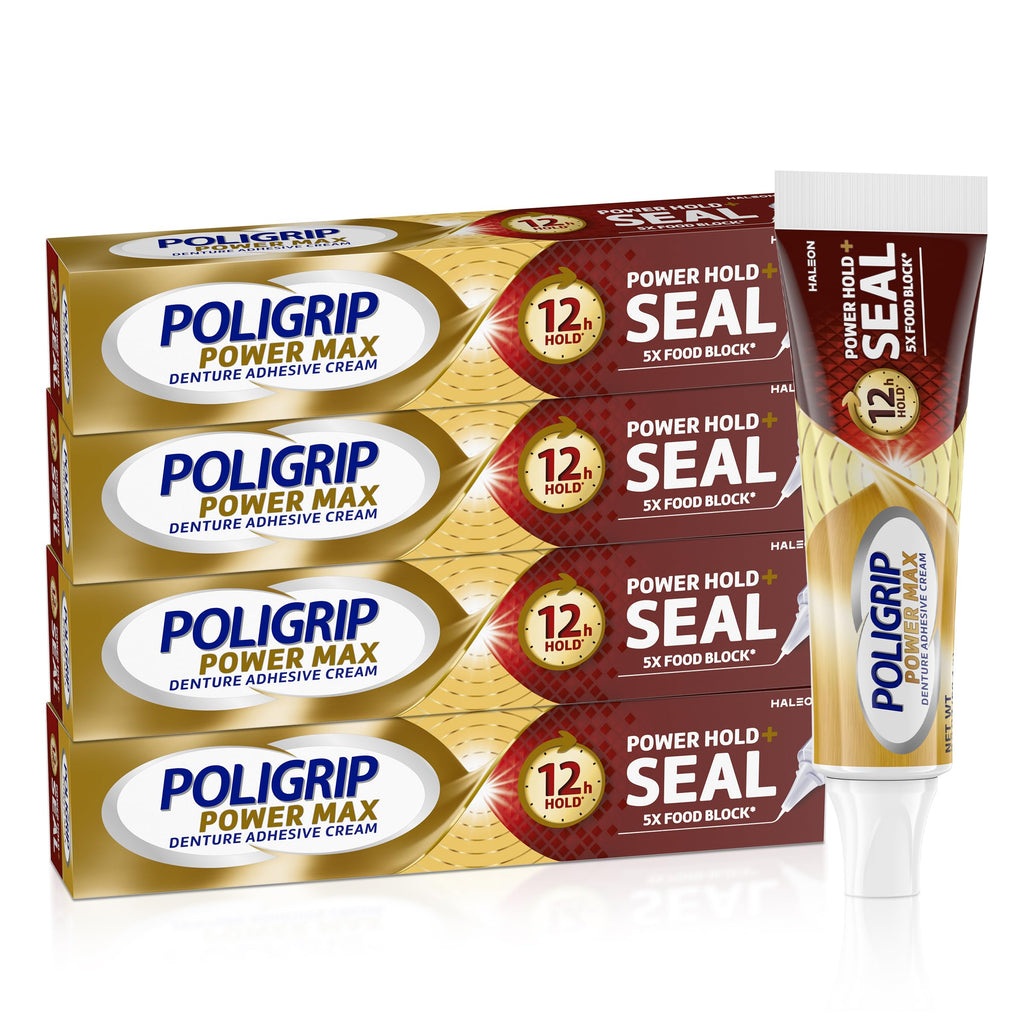 Poligrip Power Max Hold Plus Seal Denture Adhesive Cream, Secure Fit and Food Protection, No Flavor, 2.2 Oz, 4 Count