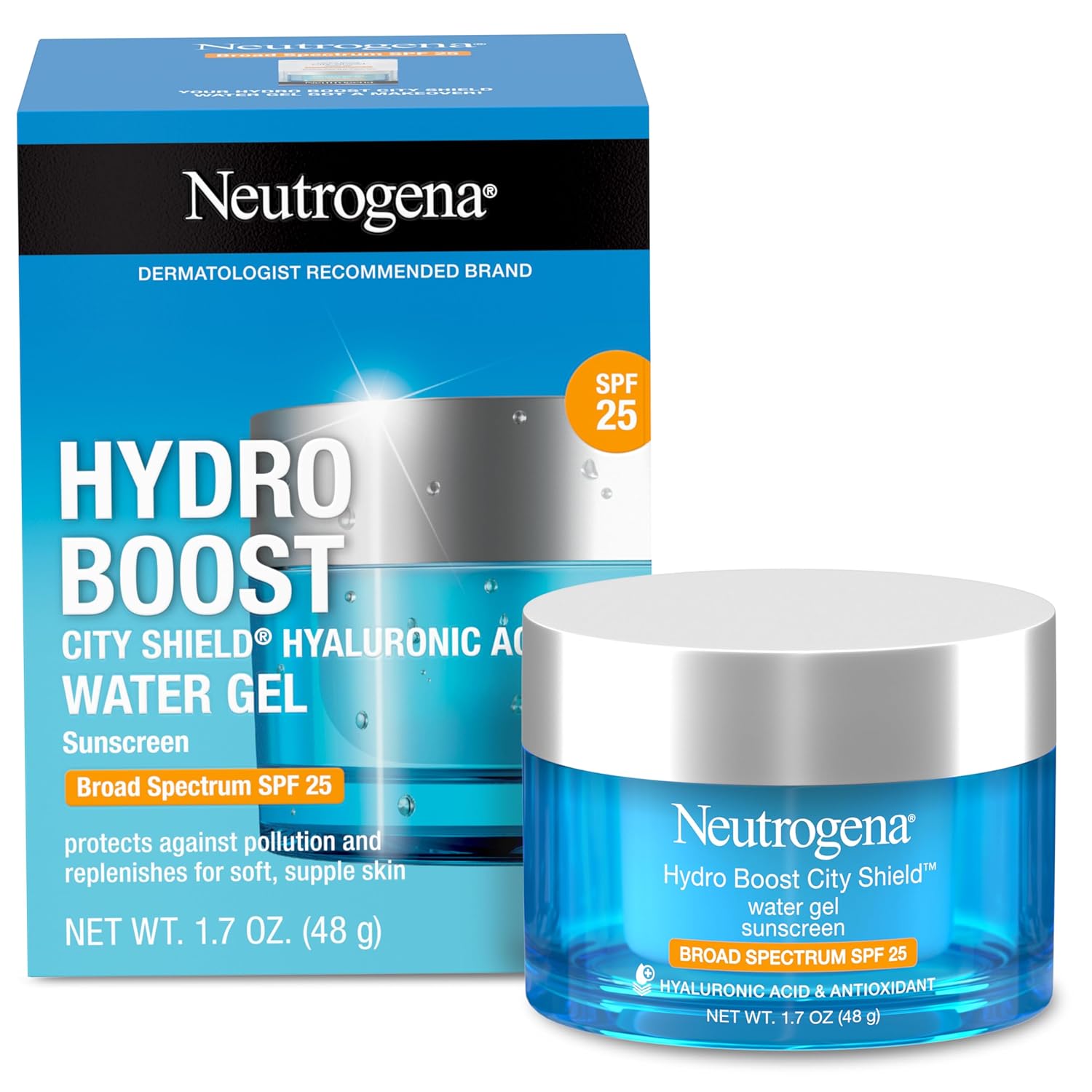 Buy now Neutrogena Hydro Boost City Shield Water Gel Face Moisturizer with Broad Spectrum SPF 25, Hydrating Facial Sunscreen with Hyaluronic Acid, Oil-Free and Non-Comedogenic Face Lotion, 1.7 oz at indiglob india