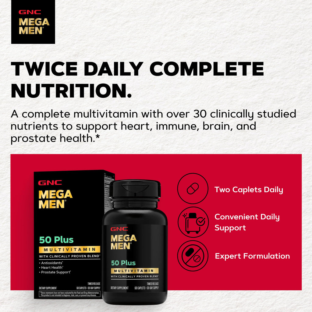 GNC Mega Men 50 Plus Multivitamin for Men | Antioxidants | Heart Health | Prostate and Circulatory Support | 120 Count | Clinically Studied Antioxidant Formula Supports Heart Health, Prostate Health, and Protection Against Free Radicals