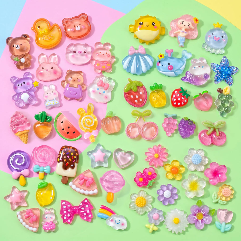 100PCS Flatback Resin Charms Kit with 2PCS Glue Cute Fruit Flower Assorted