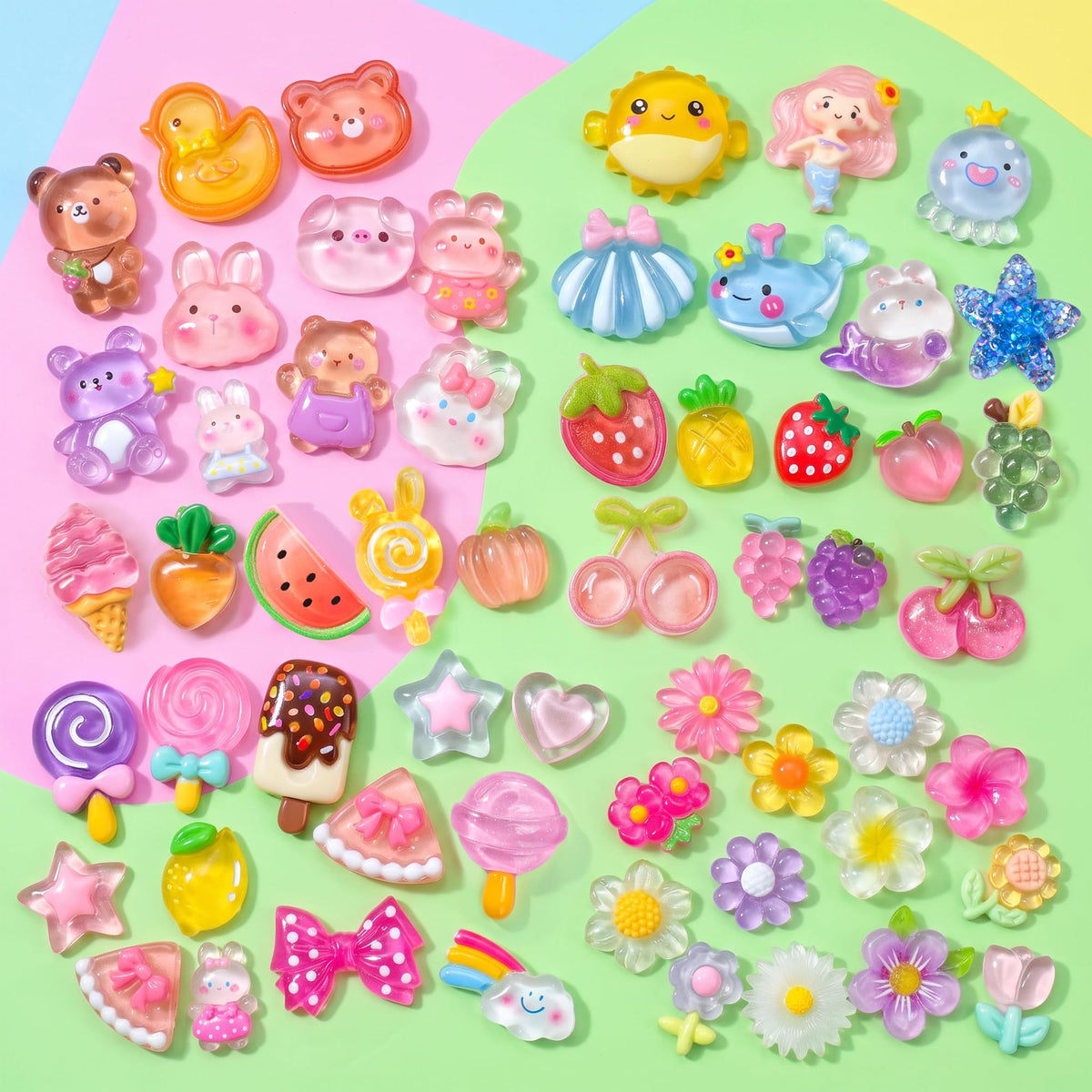 100PCS Flatback Resin Charms Kit with 2PCS Glue Cute Fruit Flower Assorted
