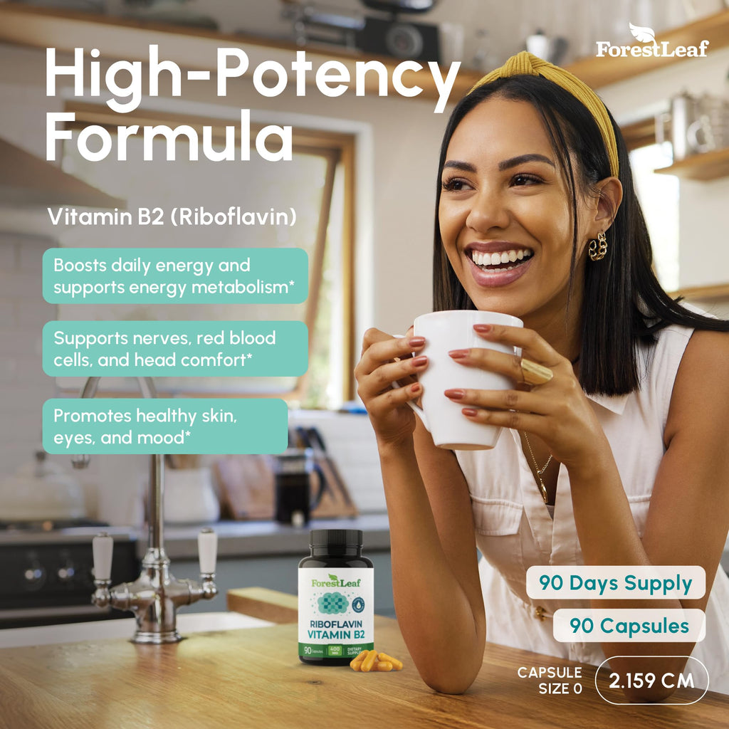 ForestLeaf Vitamin B2 riboflavin 400mg, Non GMO Gluten Free, 90 Count | High-Potency B2 Vitamin For Cellular Energy, Skin And Nervous System Support; Non-GMO, Gluten-Free, Vegetarian, Made In USA