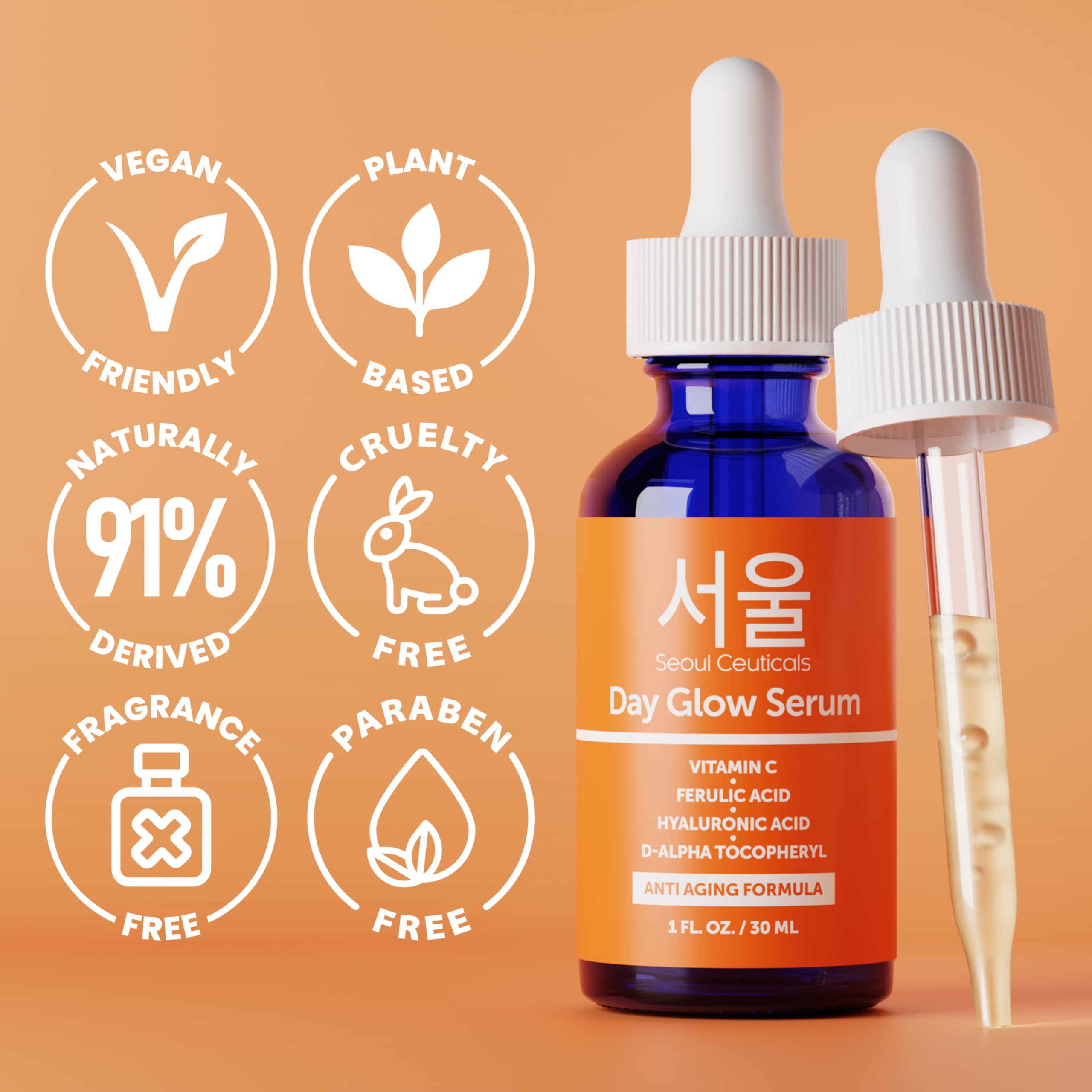 SeoulCeuticals Korean Skin Care 20% Vitamin C Serum for Face + CE Ferulic | 1oz C E Ferulic Vit C Facial Oil with Hyaluronic Acid, Vitamina E, Vegan, Cruelty Free, Anti Aging K Beauty Glow C+E Skincare