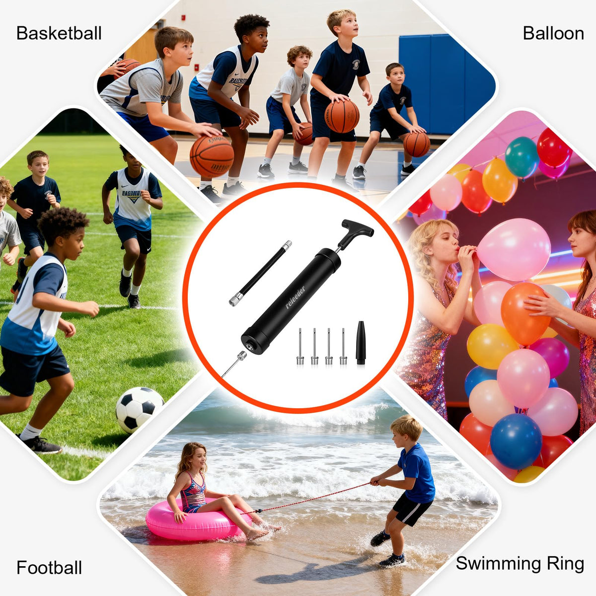 10 Inch Ball Pump Kit, Basketball Pump, Portable Air Pump with 5 Needles, 1 Nozzle & Extension Hose for Soccer Football Volleyball Water Polo Rugby Exercise Sports Ball