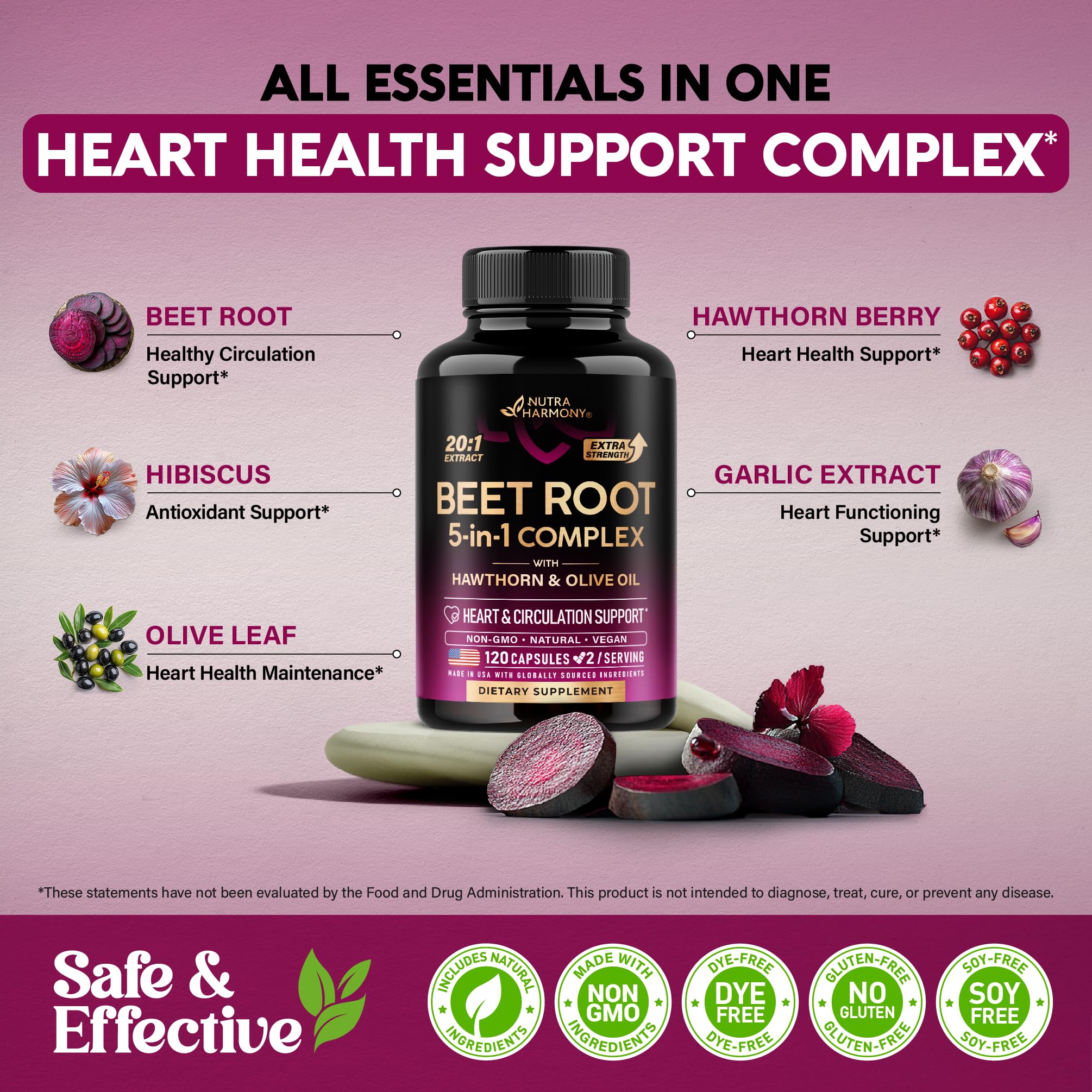 Beet Root Capsules - Healthy Blood Pressure Support Supplement** - 120 Caps | Beet Root for Heart & Circulation Support for Men & Women - with Hawthorn Berry, Hibiscus & Garlic - Nitric Oxide for Energy