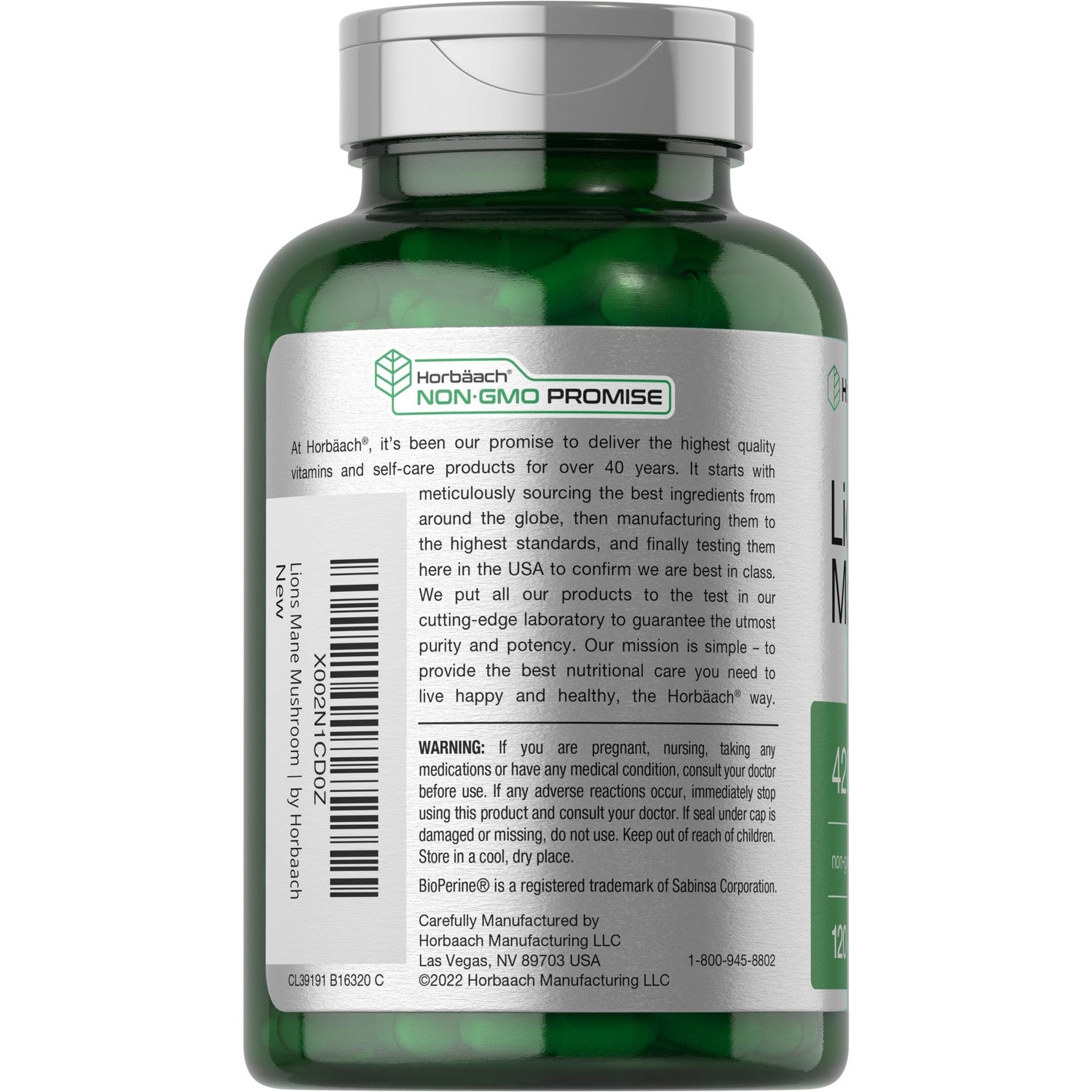 Horbäach Lions Mane Mushroom Extract | 120 Capsules | Vegetarian, Non-GMO, Gluten Free Supplement