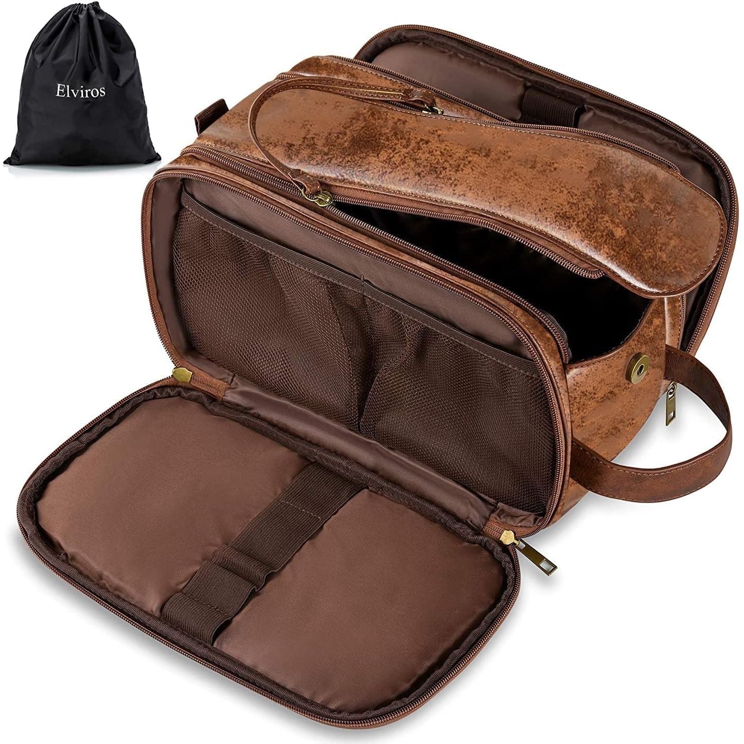 Buy now Elviros Toiletry Bag for Men, Large Travel Shaving Dopp Kit Water-resistant Bathroom Toiletries Organizer PU Leather Cosmetic Bags Medium (Pack of 1) Dark Brown at indiglob india