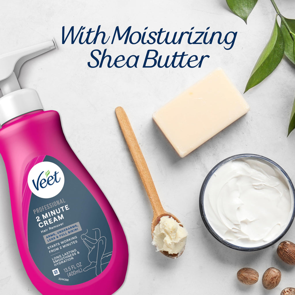 VEET Professional 2 Minute Cream for All Skin Types with Shea Butter, Effective Full Bikini & Pubic Hair Removal, Dermatologically Tested, 13.5 FL OZ Bottle w/Spatula