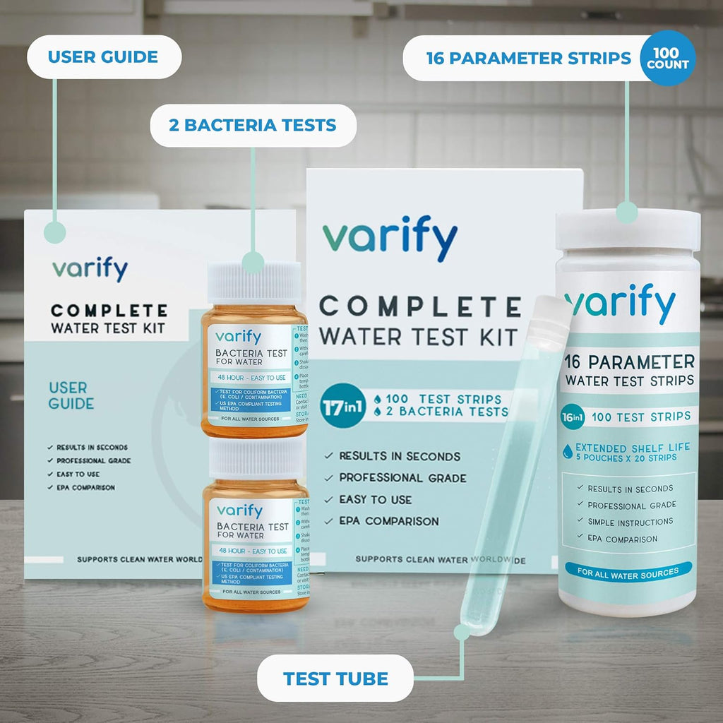 Buy now Varify 17in1 Complete Drinking Water Test Kit - 100 Strips + 2 Bacteria Tester Kits - Well, Tap, Home, City Water Testing Strip for Lead, Alkaline, Chlorine, Hardness, Iron, Fluoride, Copper & More at indiglob india