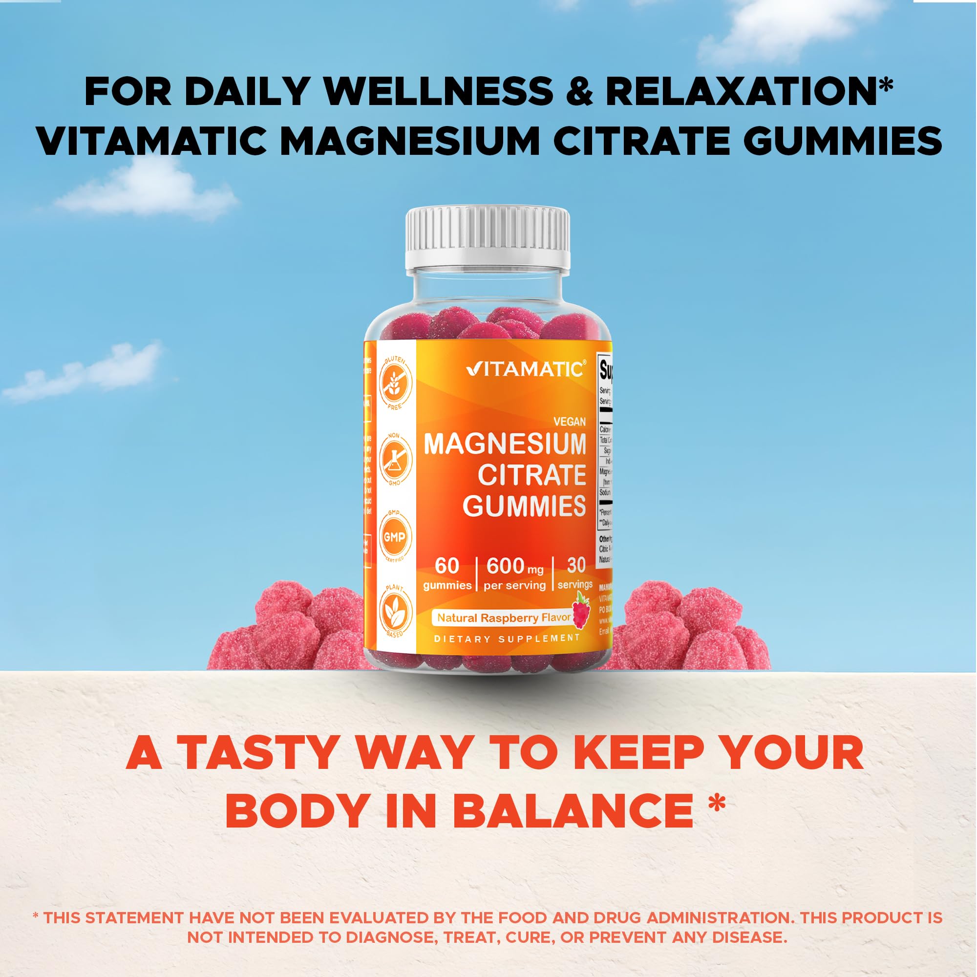 Vitamatic Magnesium Citrate Gummies, 600 mg, 60 Vegan Gummies | 600 mg Magneisum Citrate Per Serving with 70 mg of Elemental Mg, Natural Raspberry Flavor, Non-GMO, Gluten Free, Pectin Based