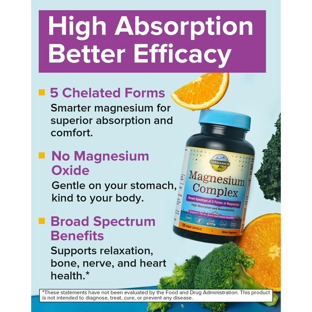Terranics 5-in-1 Magnesium Complex Supplement 500mg, 120 Vegan Capsules | 5 Forms High Absorption Magnesium Glycinate Citrate Malate Aspartate Gluconate for Sleep Heart Health, Non-GMO