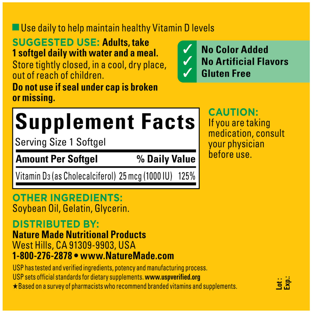 Nature Made Vitamin D3 1000 IU (25 mcg), 300 Vitamin D Softgels | Vitamin D Supplement for Immune, Bone, Teeth and Muscle Health Support, 300 Day Supply