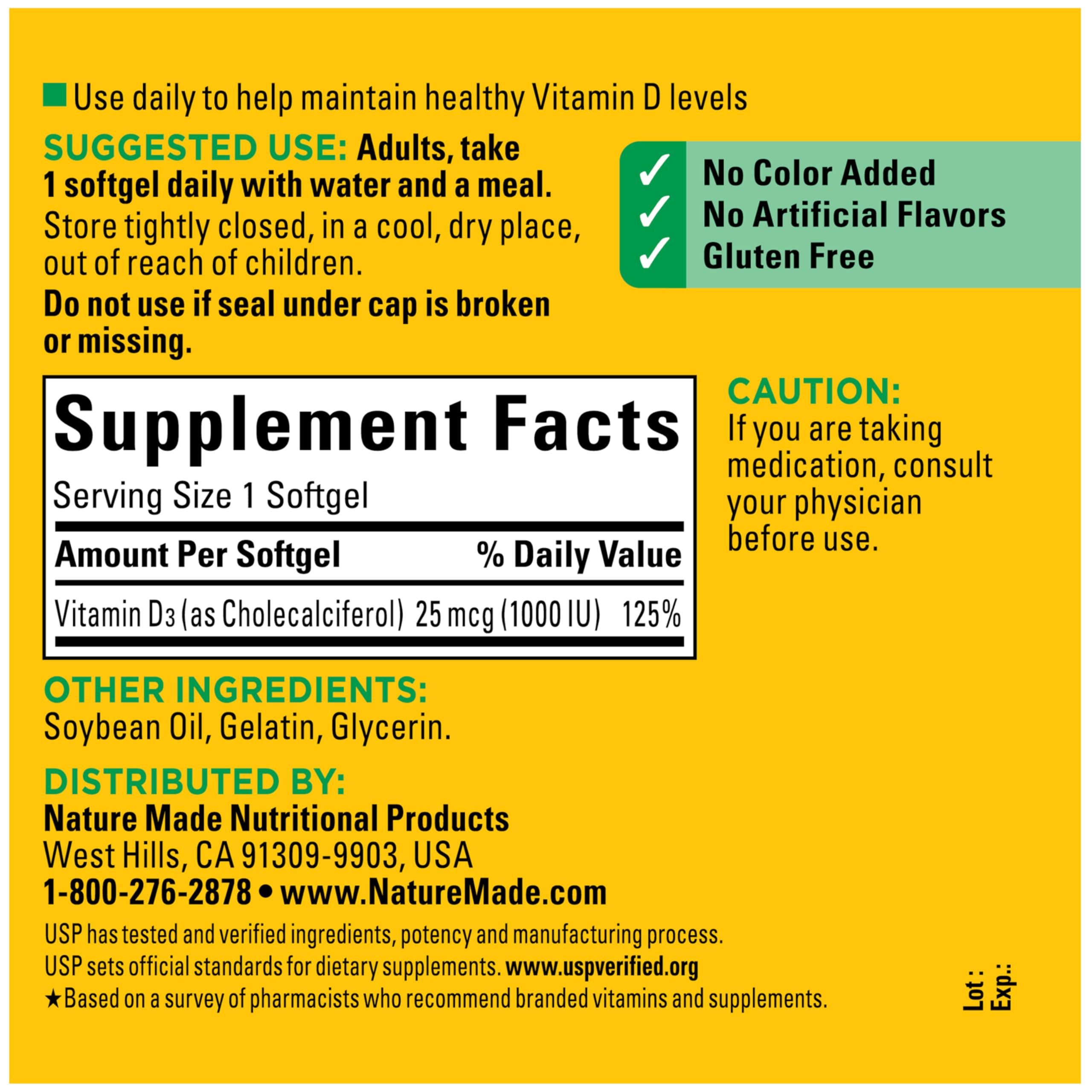 Nature Made Vitamin D3 1000 IU (25 mcg), 300 Vitamin D Softgels | Vitamin D Supplement for Immune, Bone, Teeth and Muscle Health Support, 300 Day Supply