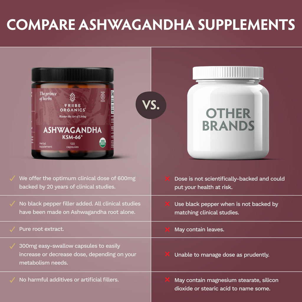 TRIBE ORGANICS Ashwagandha KSM 66 Pure Organic Root Powder Extract Ayurvedic Supplement - Focus, Mood Support, Increase Energy, Strength, 600mg of Natural KSM66 for Superior Absorption - 120 Capsules