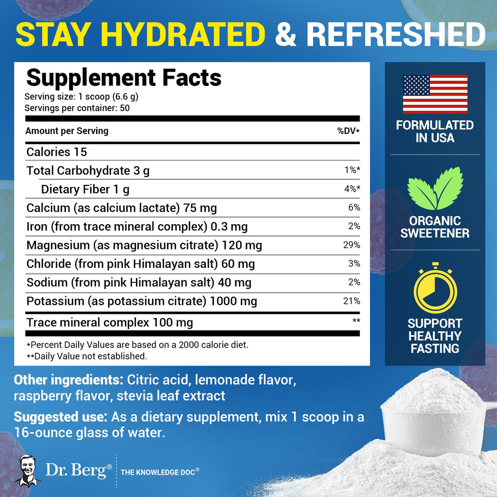 Buy now Dr. Berg Zero Sugar Hydration Keto Electrolyte Powder - Enhanced w/ 1000 mg of Potassium & Real Pink Himalayan Salt (NOT Table Salt) - Raspberry & Lemon Flavor Hydration Drink Supplement - 50 Servings at indiglob india