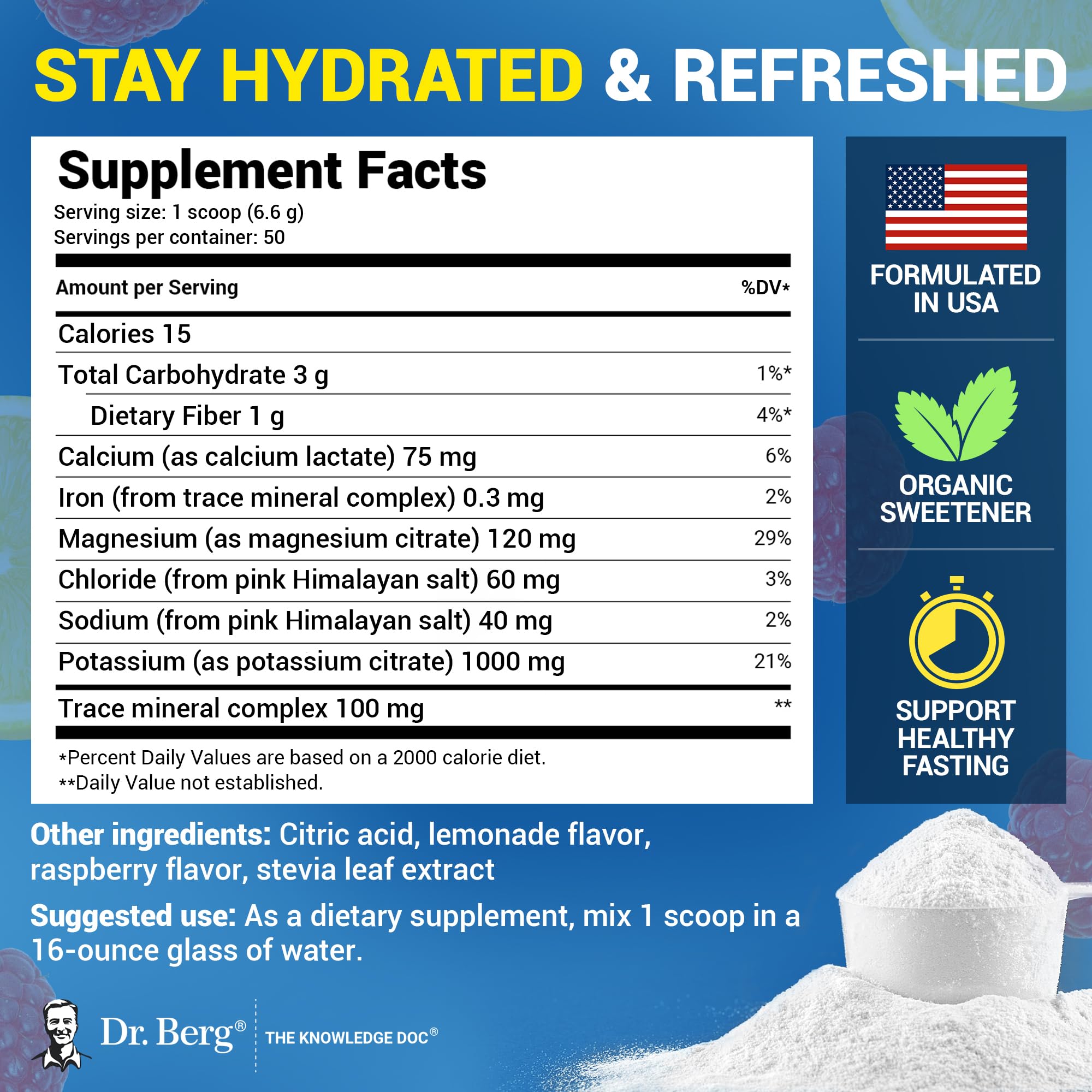 Buy now Dr. Berg Zero Sugar Hydration Keto Electrolyte Powder - Enhanced w/ 1000 mg of Potassium & Real Pink Himalayan Salt (NOT Table Salt) - Raspberry & Lemon Flavor Hydration Drink Supplement - 50 Servings at indiglob india