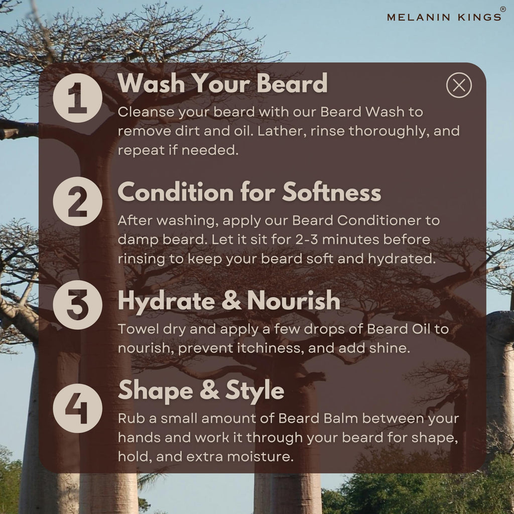 Melanin Kings Beard Wash & Conditioner Set for Black Men – Gently Cleanse, Hydrate & Soften Coarse, Dry and Curly Beards – African Oil Blend with Baobab, Marula, Argan & Jojoba