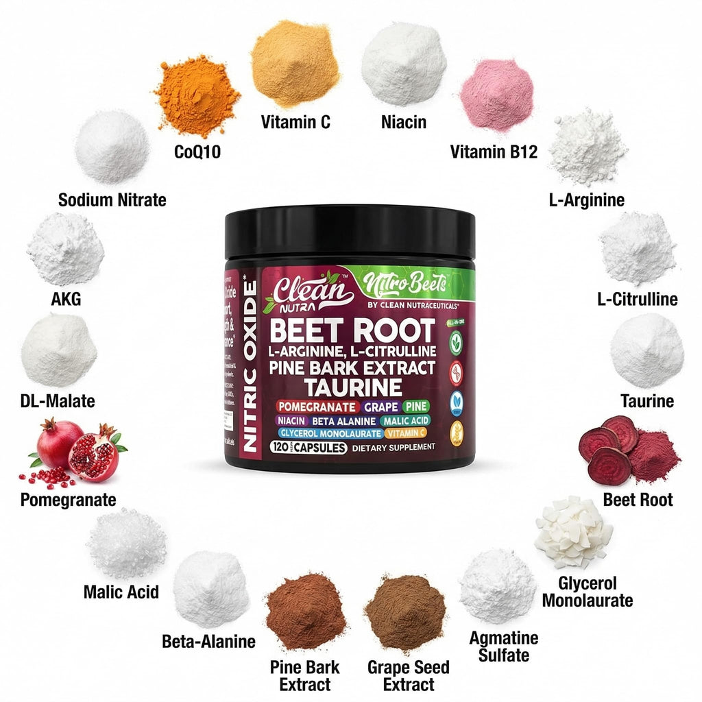 Clean Nutra Organic Beet Root Capsules L Arginine L Citrulline Pine Bark Nitric Oxide Beetroot Powder Arginine Citrulline Supplement Pre Workout Supplements Extract – 120 Vegan Pills