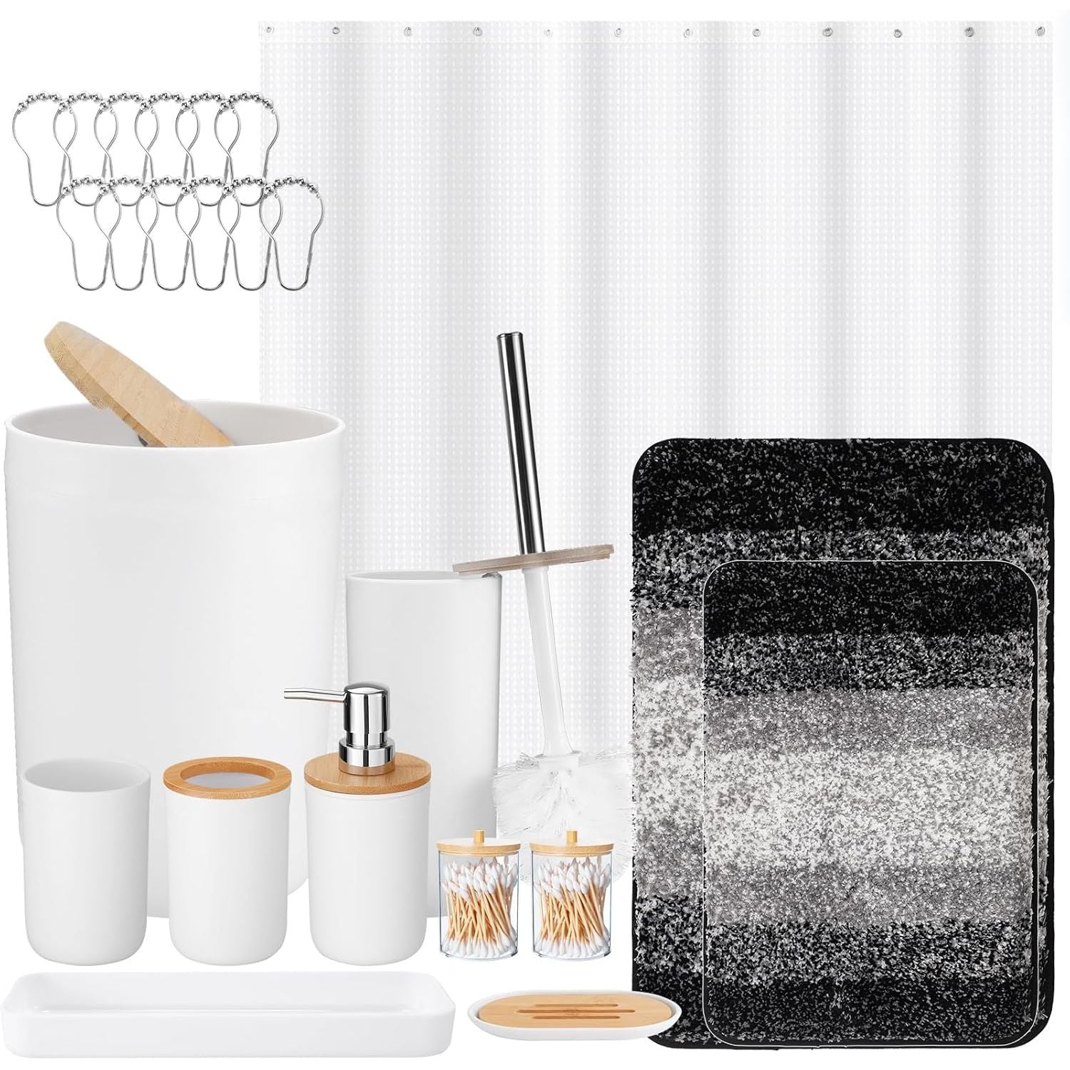 Buy now iMucci 9Pcs Black Bathroom Accessories Set with Trash Can Bathroom Set Black Bathroom Accessories Bathroom Decor Bath Set+Shower Curtain+Bath Rug White 1 at indiglob india