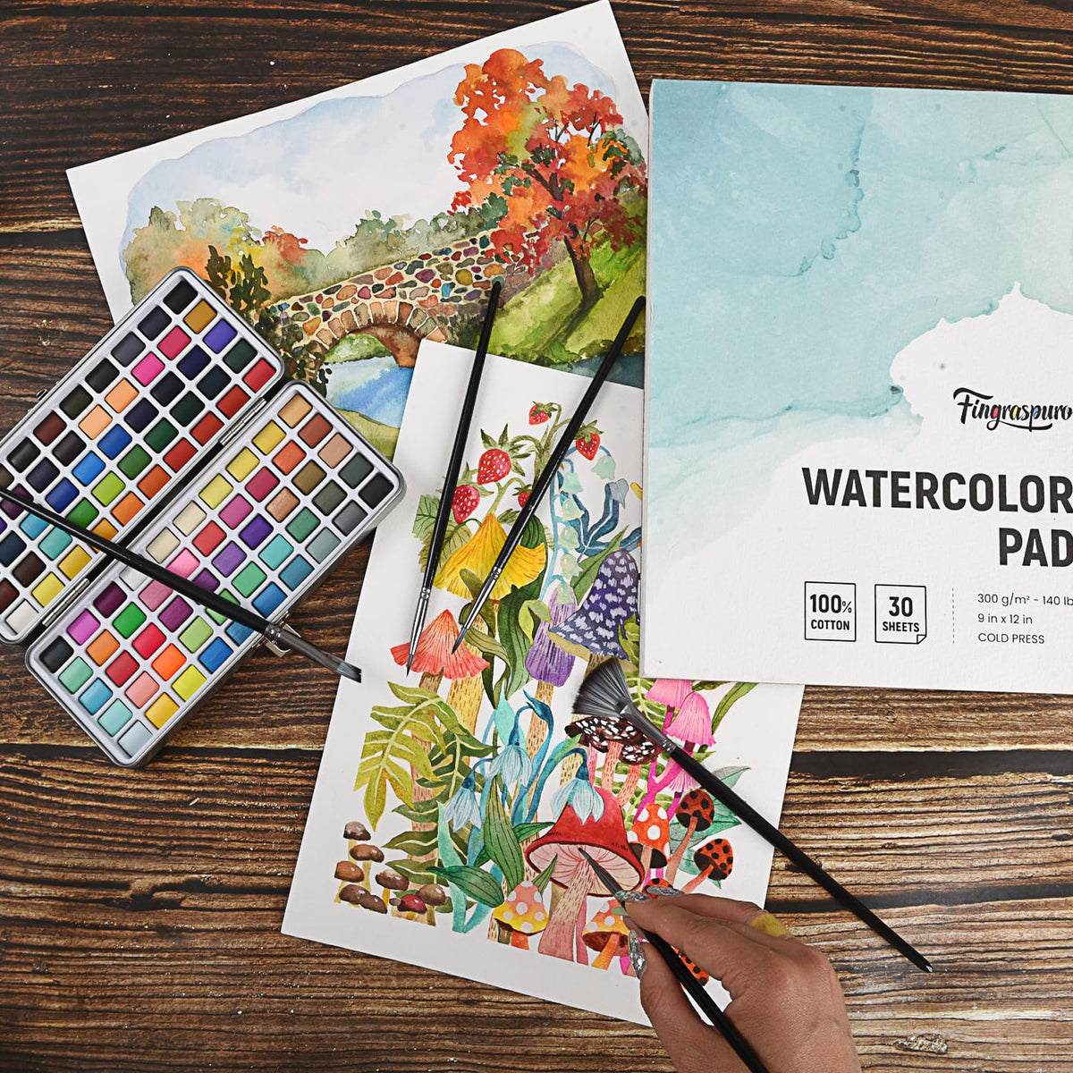 Fingraspuro 9x12 Watercolor Pad, 100% Cotton, Cold Press, 30 Sheets