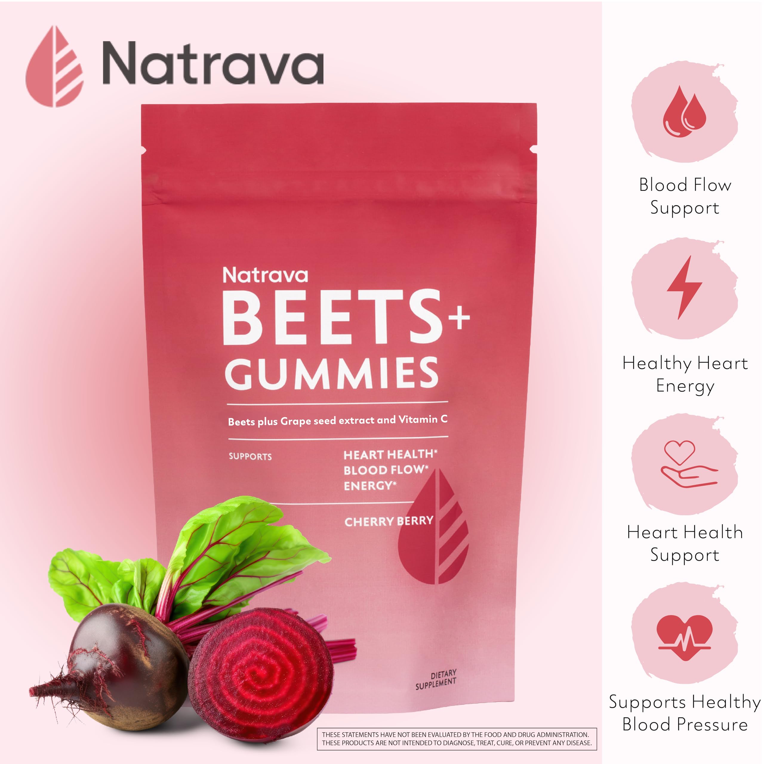 Beets+ Gummies - Premium Beet Root Powder, Grape Seed Extract and Vitamin C - Supports Healthy Blood Pressure and Heart Health - Low Sugar Nitric Oxide and Circulation Supplement - 50 Gummies