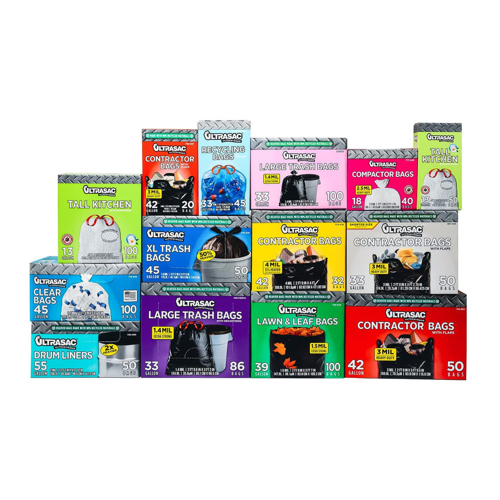 Ultrasac 55-60 Gallon Heavy Duty Black Drum Liners - 50 Bags w. Ties, 2 Mil