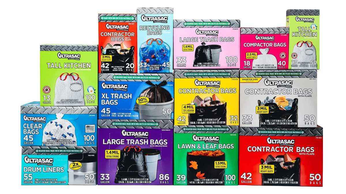 Ultrasac 55-60 Gallon 6.0 MIL Black Heavy Duty Trash Bags - 39" x 58" - Pack of 15 - For Contractor, Construction, & Industrial,UL-39586BK