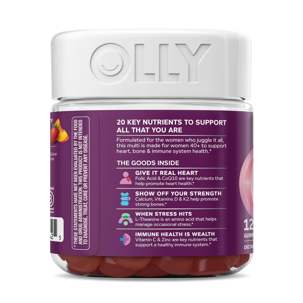 OLLY Women's 40+ Multi Gummies, 20 Key Nutrients Plus Vitamin K2, CoQ10, L-Theanine, Chewable Gummy Supplement, Peach Berry Flavored, 45 Day Supply - 120 Count