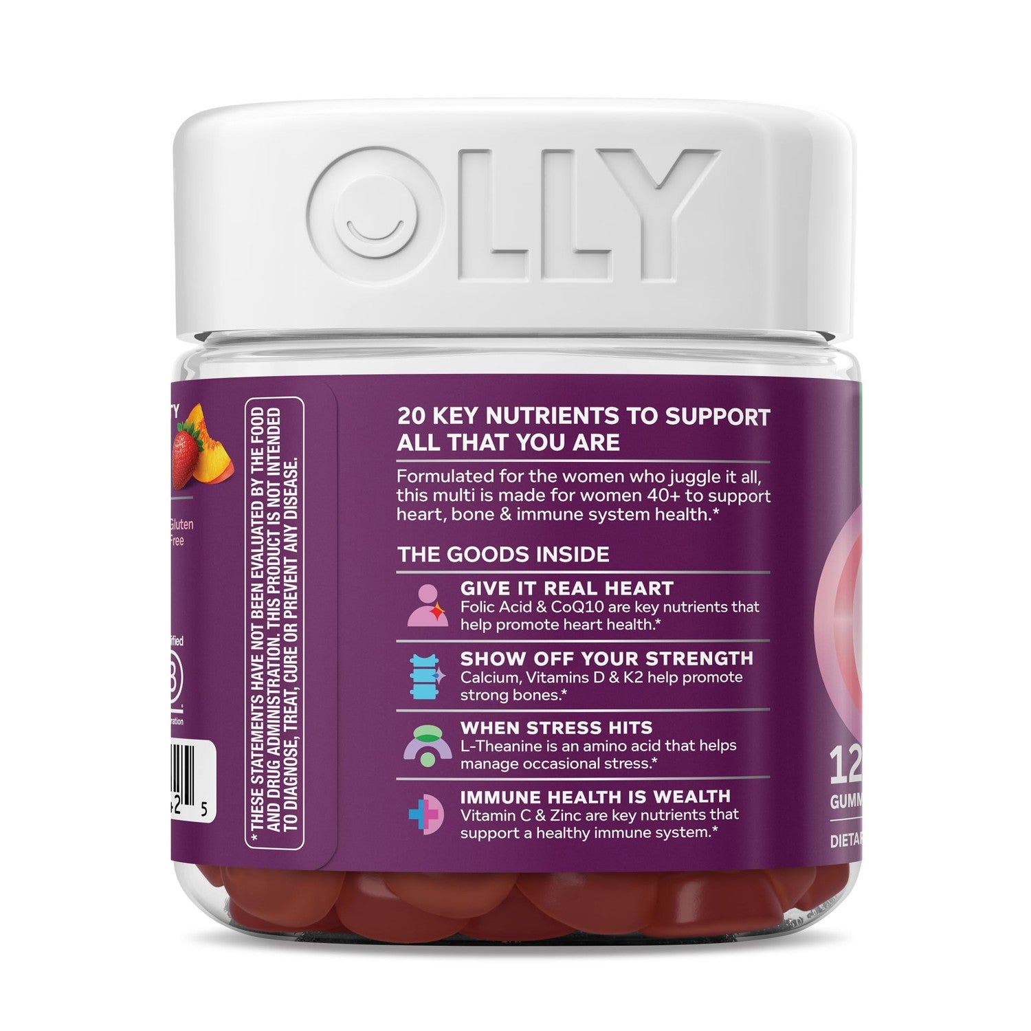 OLLY Women's 40+ Multi Gummies, 20 Key Nutrients Plus Vitamin K2, CoQ10, L-Theanine, Chewable Gummy Supplement, Peach Berry Flavored, 45 Day Supply - 120 Count
