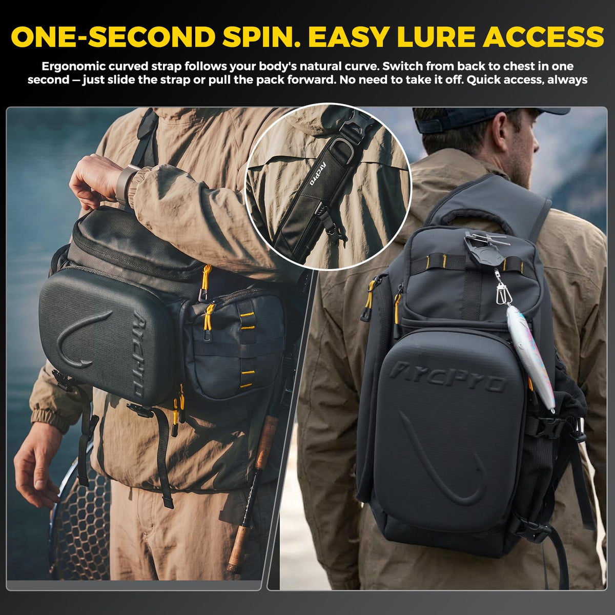 Fishing Sling Pack, EVA Hardshell with Foldable Workstation, Water-Resistant Convertible Front/Back Tackle Bag for 2×3600 Trays, Saltwater Freshwater Crossbody